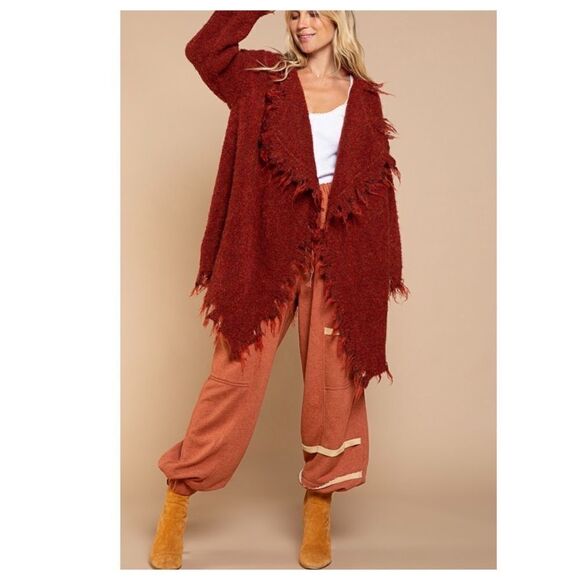 WOOL Blend Long cardigan with distressed Hemline in Terracotta - Picture 11 of 14